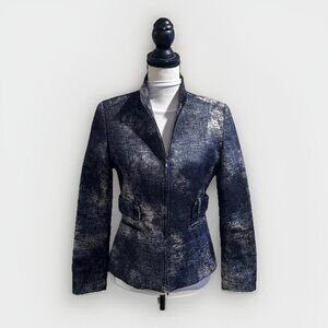Zanella Blue Metallic Sparkle Blazer Full Zip Stand Up Collar Jacket Size 4